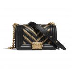 Chanel Black:Gold Chevron Metallic Lambskin:Calfsin Small Boy Chanel Bag