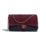 Chanel Burgundy/Navy Blue/Gray Shearling Sheepskin Flap Bag