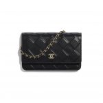 Chanel Black Shiny Crumpled Goatskin Wallet on Chain