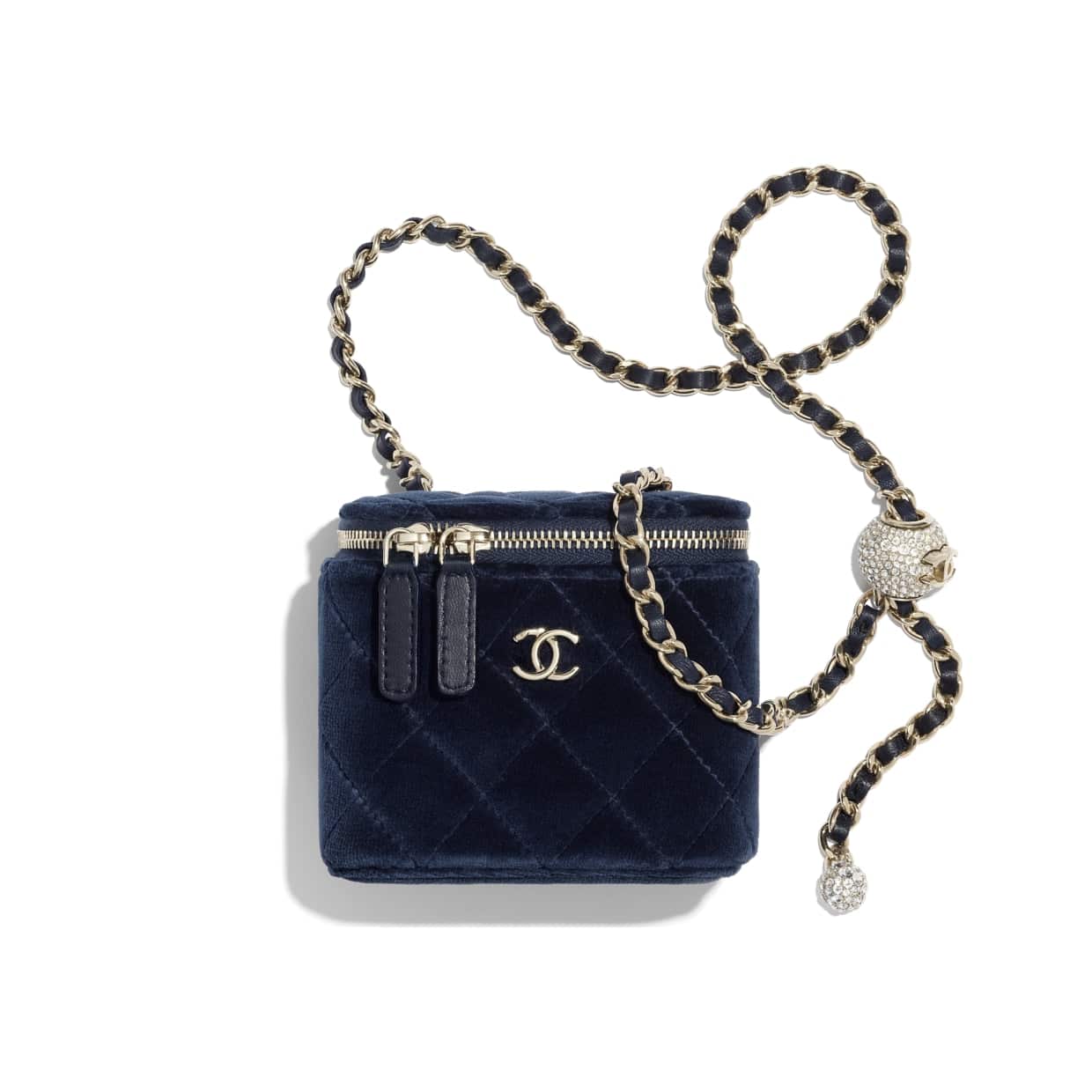 Discover the CHANEL Small Classic Box with Chain Navy Blue Métiers d'art  2019/20, and explore the artistry and craftsma…