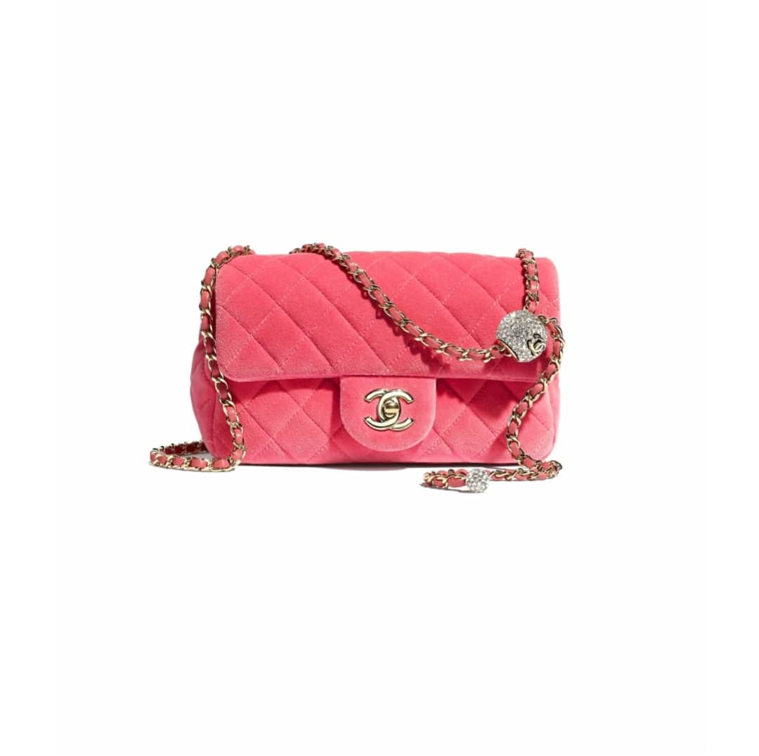 Chanel 2014 Coral Velvet Small Medium So Black CC Classic Flap