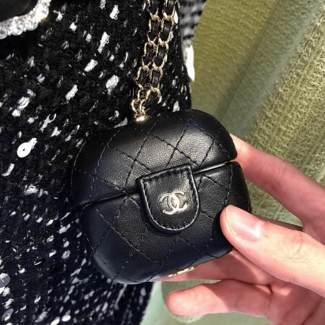 Chanel Black Quilted Leather AirPods Pro Case with Chain  STYLISHTOP