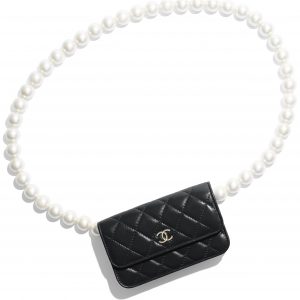 Chanel Black Lambskin:Imitation Pearls Clutch with Chain