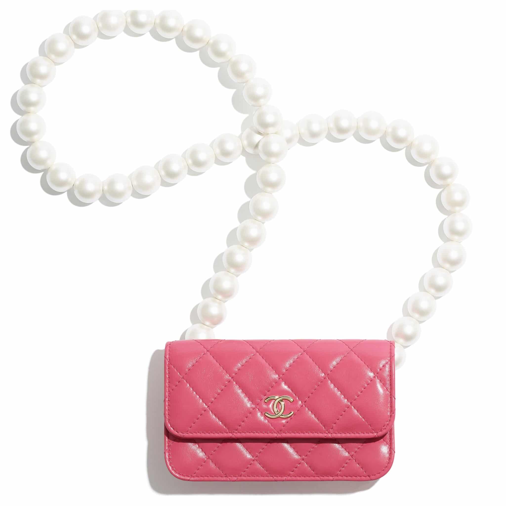 Brand New In Box Chanel Pink Faux Pearl Lambskin Small Wallet on Chain