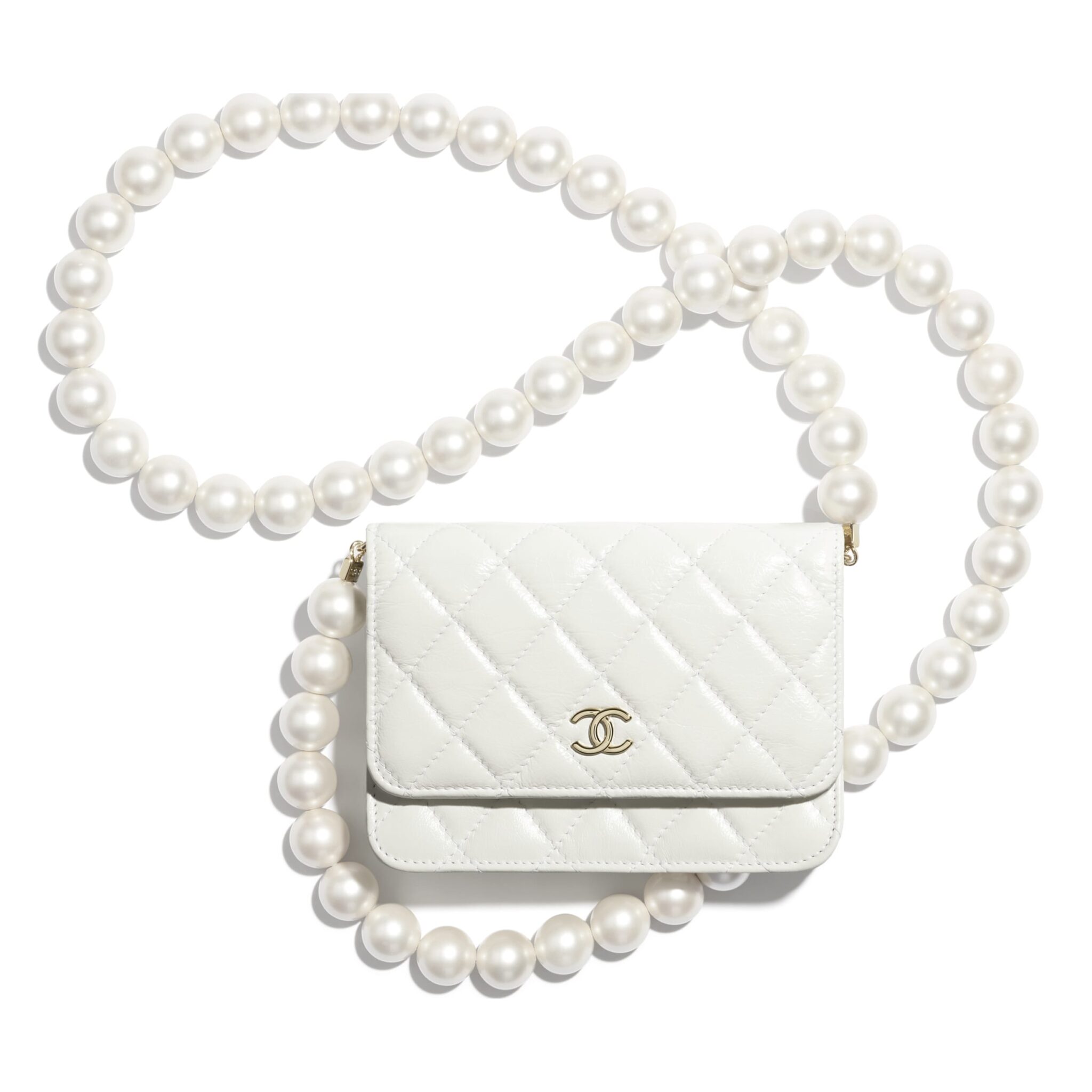 Chanel White Lambskin:Imitation Pearls Mini Wallet on Chain