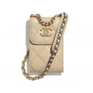 Chanel Beige Shiny Goatskin Chanel 19 Phone Holder with Chain