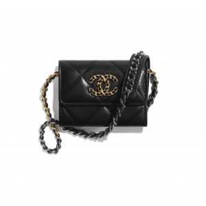 Chanel Black Shiny Goatskin Chanel 19 Flap Coin Purse with Chain