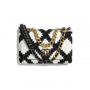 Chanel White/Black Calfskin:Crochet Chanel 19 Wallet on Chain