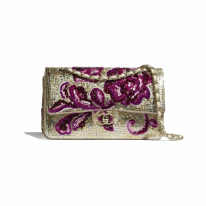 Chanel Purple/Gold Sequins/Glass Pearls/Lambskin Medium Classic Flap Bag