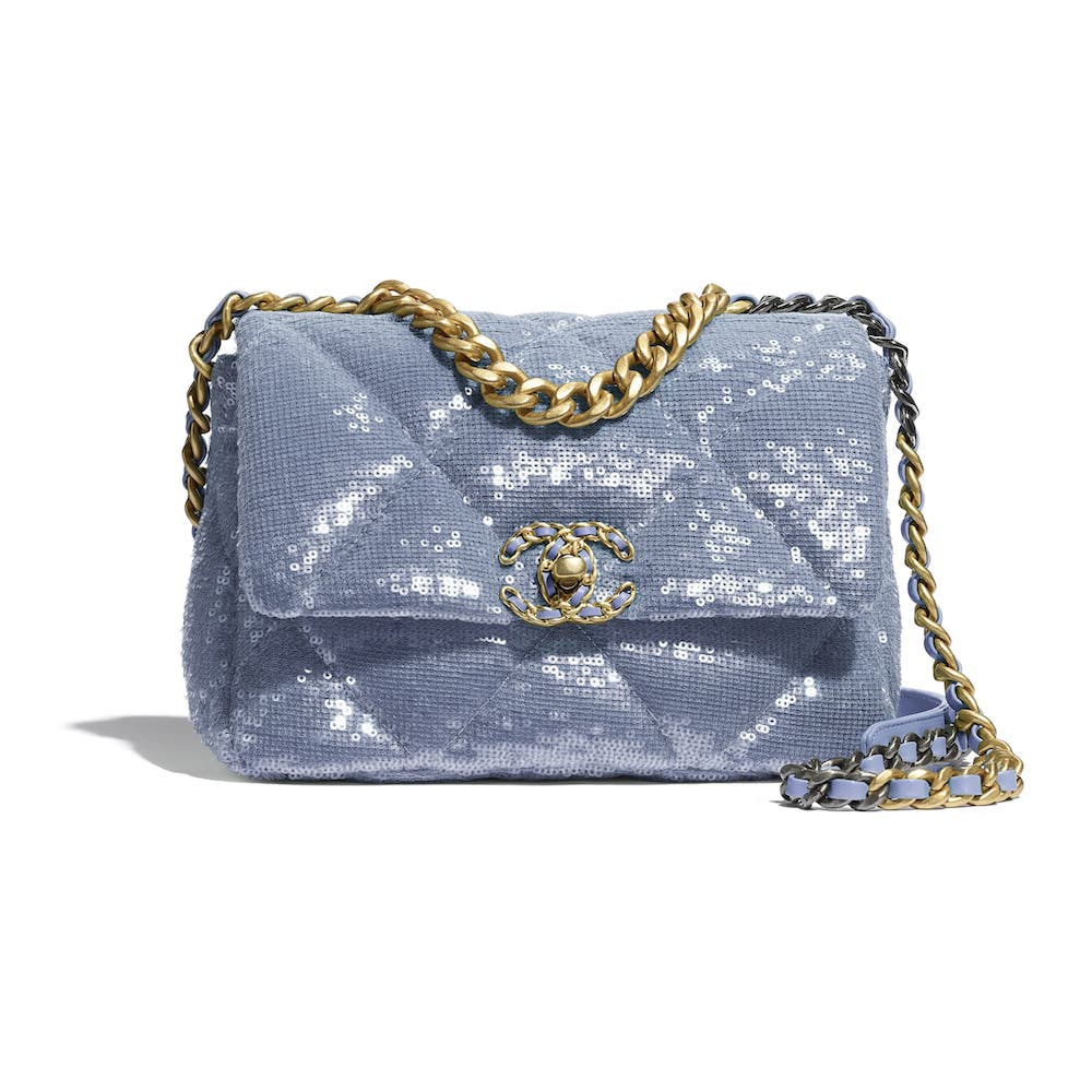 Rainbow Sequin and Blue Lambskin Medium Single Flap Bag Gold Hardware, 2021