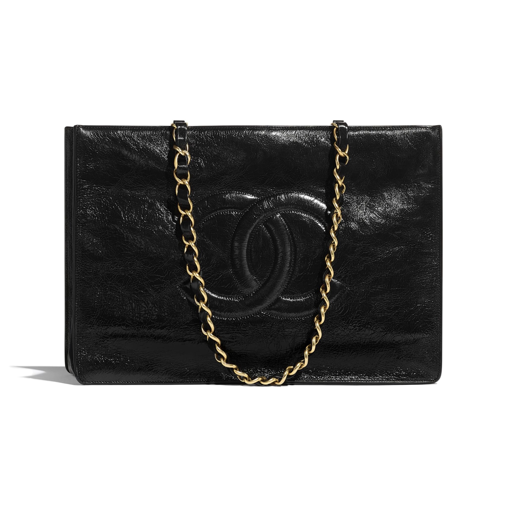 CHANEL Shiny Crumpled Calfskin Quilted Medium Chanel 19 Flap Black 682083