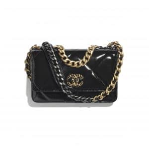 Chanel Black Shiny Crumpled Calfskin Chanel 19 Wallet on Chain