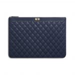 Chanel Navy Blue Grained Shiny Calfskin Boy Chanel Large Pouch