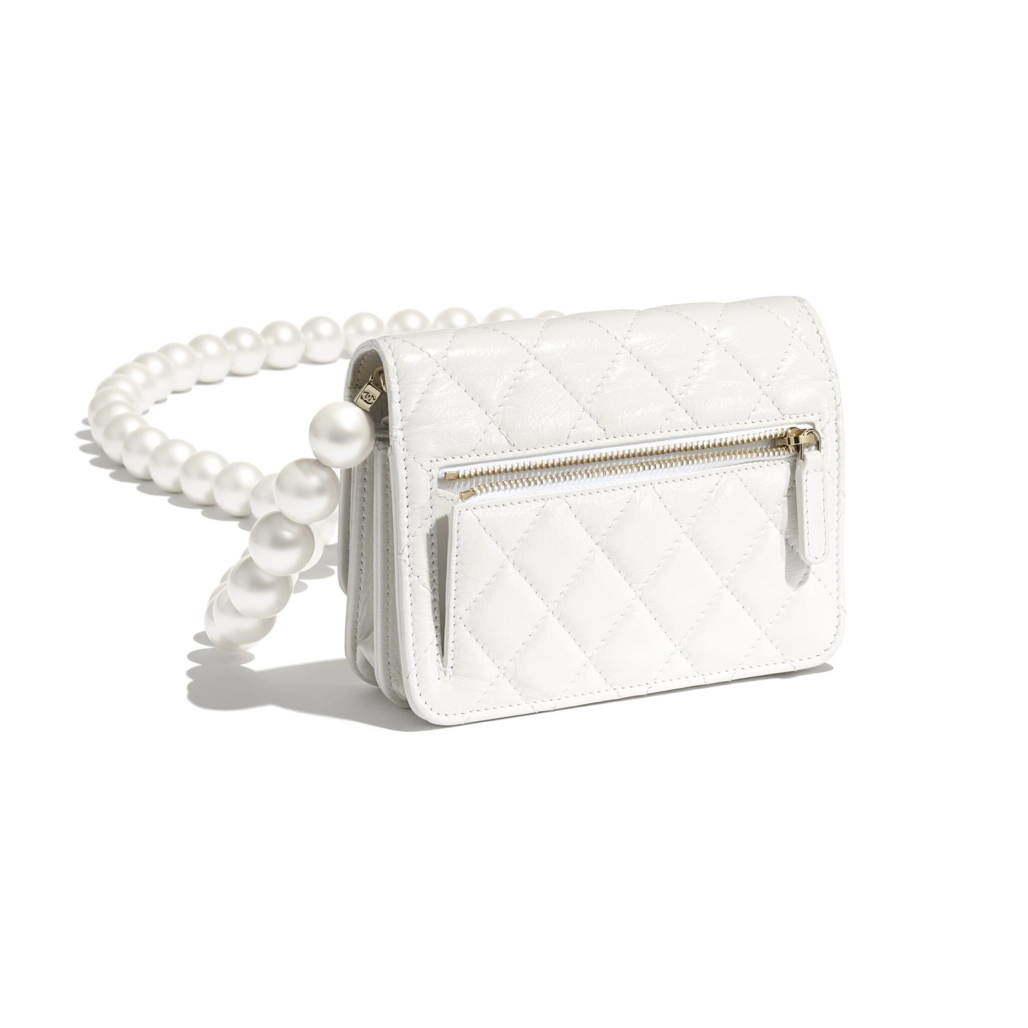 CHANEL Calfskin Quilted Pearl Mini Wallet On Chain WOC White