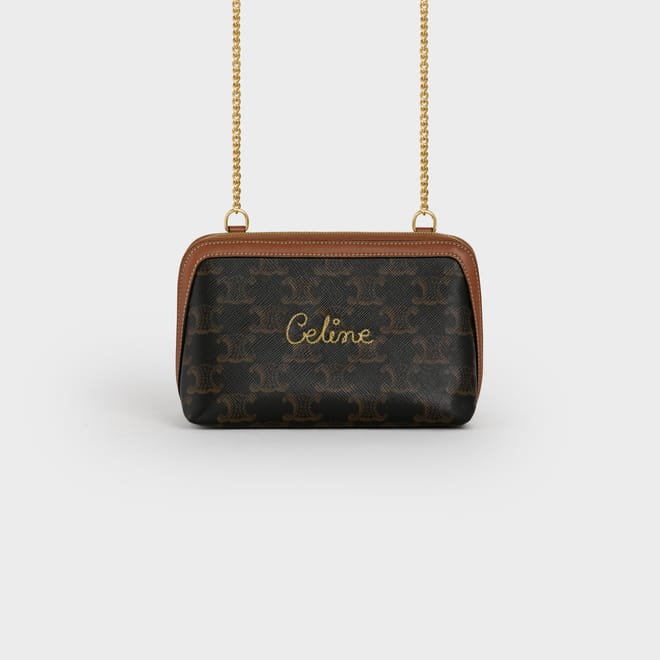 CELINE Triomphe Canvas Calfskin Mini Clutch on Chain Tan 807871