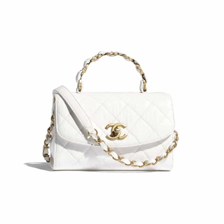 Mini flap bag with top handle, Tweed, lambskin & gold metal, white