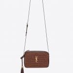 Lou Camera Bag in Raffia and Leather Dark Chocolate