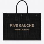 Rive Gauche Large Tote Bag in Embroidered Raffia and Leather Black