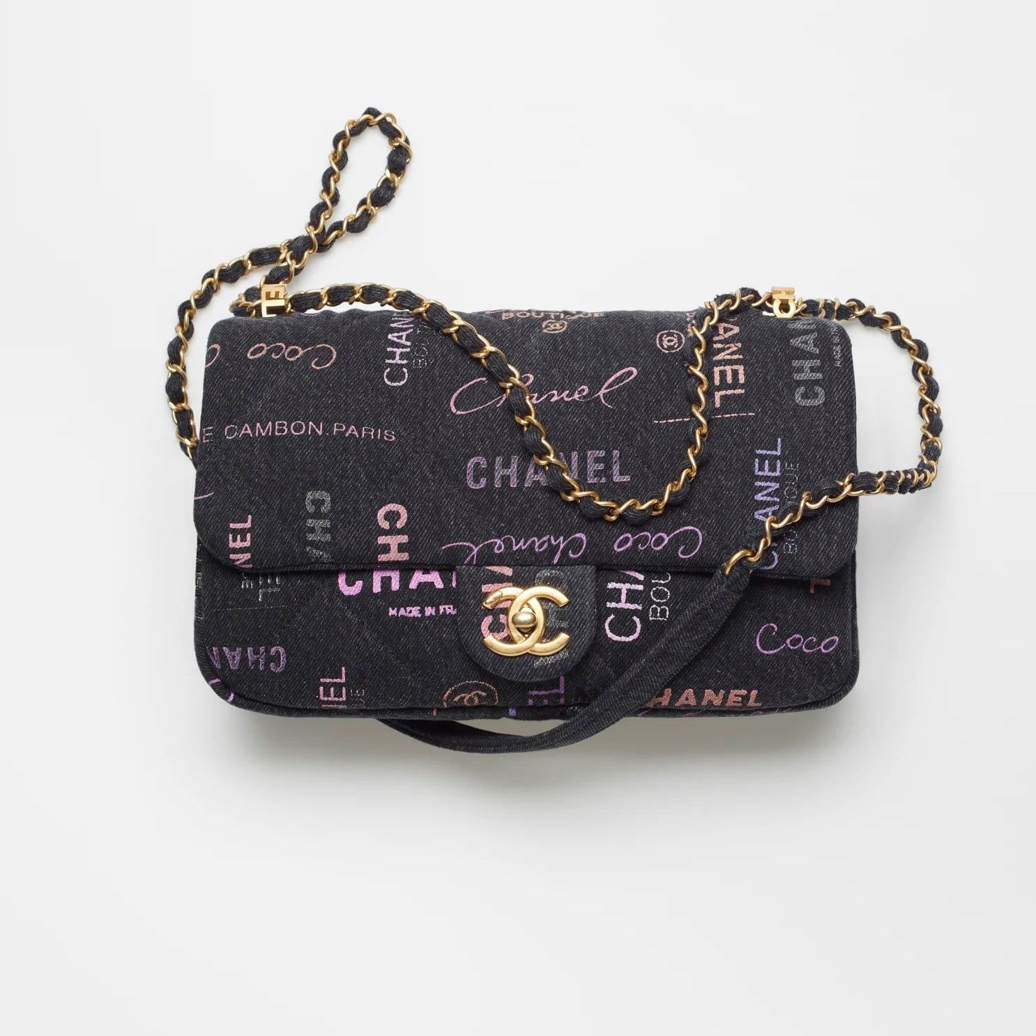 Chanel Printed Denim Black Multicolor Large Flap Bag