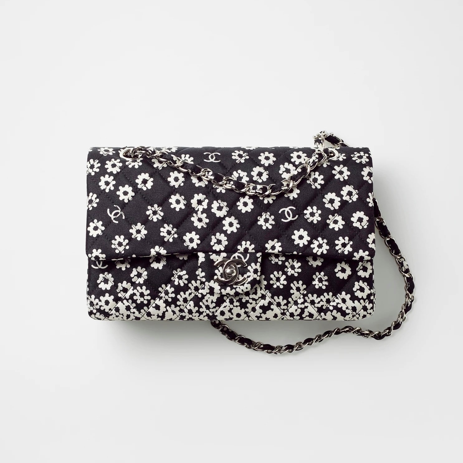 Chanel Printed Fabric Black & White Classic Handbag